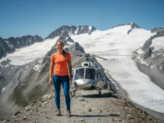 Heli Hiking Explained: From Alpine Access to LNT Principles A female hiker with blonde hair smiling on a high alpine ridge with a helicopter and glaciers in the background.