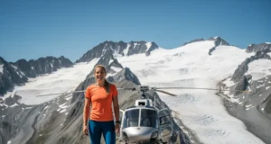 Heli Hiking Explained: From Alpine Access to LNT Principles A female hiker with blonde hair smiling on a high alpine ridge with a helicopter and glaciers in the background.