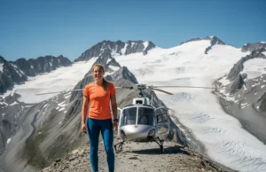 Heli Hiking Explained: From Alpine Access to LNT Principles A female hiker with blonde hair smiling on a high alpine ridge with a helicopter and glaciers in the background.