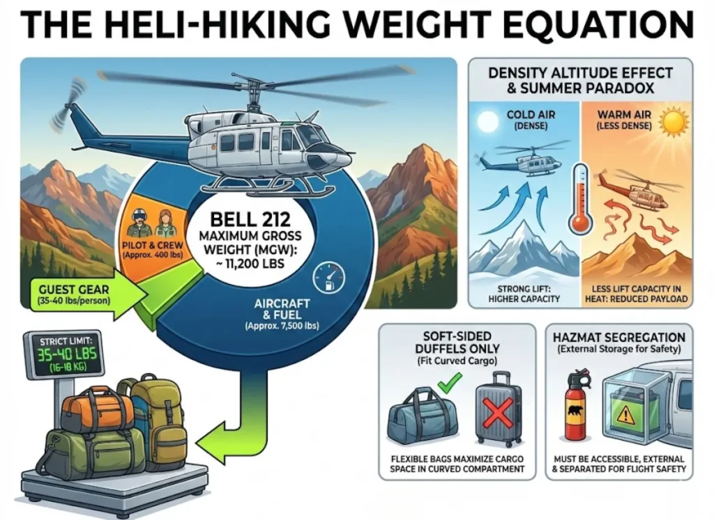 Infographic titled 'The Heli-Hiking Weight Equation' visually breaking down the Bell 212 helicopter's Maximum Gross Weight and the impact of density altitude. It shows a central helicopter diagram with a pie chart segmenting the aircraft/fuel, pilot/crew, and guest gear weights, illustrating the strict 35-40 lb limit. Smaller panels explain density altitude, soft-sided bags, and hazardous materials.