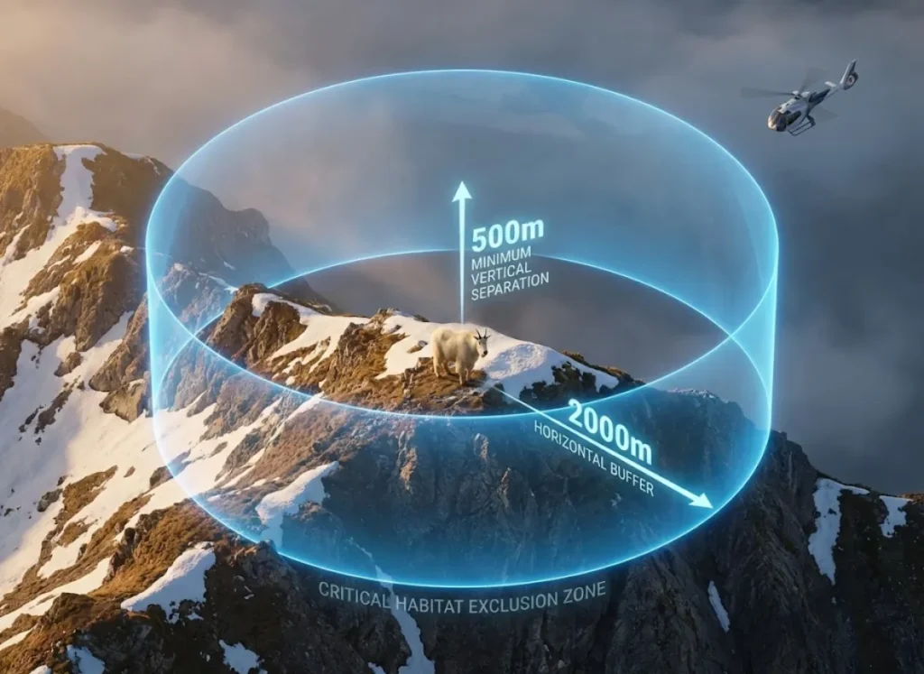 A 3D infographic illustration showing a mountain goat on a snowy ridge surrounded by a large, transparent glowing blue cylinder representing a protective buffer zone. A helicopter is flying outside this zone in the distance. Glowing arrows and text indicate a '500m Vertical Buffer' and '2000m Horizontal Buffer' separation from the wildlife.