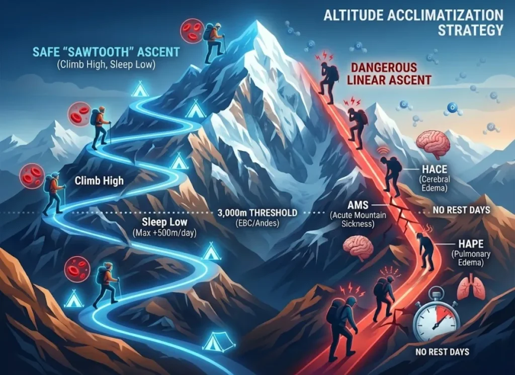 A semantic infographic illustrating the physiological impact of high altitude and acclimatization strategies. The visual compares a safe 'Sawtooth' ascent profile (climb high, sleep low) depicted as a winding blue path with healthy climbers, versus a dangerous linear ascent depicted as a steep red path leading to AMS, HACE, and HAPE symptoms. Elevation markers and physiological labels are integrated into the mountain landscape.