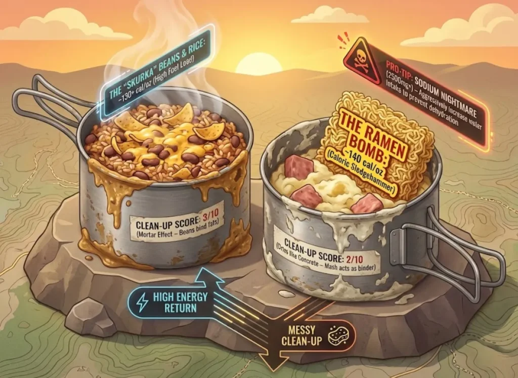A semantic infographic illustrating two high-calorie backpacking meals and their messy clean-up trade-offs. Two rugged camping pots are shown side-by-side on a stylized trail background. The left pot holds "The Skurka Beans & Rice," labeled with "130+ cal/oz" and a "Clean-Up Score: 3/10 (Mortar Effect)." The right pot holds "The Ramen Bomb," labeled "140 cal/oz" and "Clean-Up Score: 2/10 (Dries like Concrete)," with an additional "Sodium Nightmare" warning. Both pots show thick, sticky food residue.