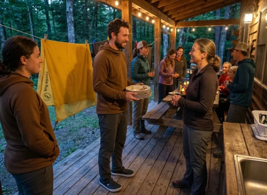 Hikers in Melanzana hoodies and Crocs helping with chores at a trail angel's home.