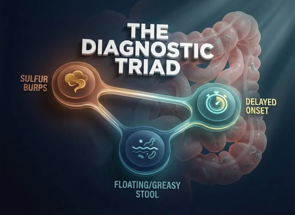 A premium editorial infographic titled 'The Diagnostic Triad' illustrating the medical causes of sulfur burps in hikers. The visual features interconnected 3D icons for sulfur burps, greasy stools, and delayed onset, set against a background of stylized intestinal anatomy with cinematic lighting.