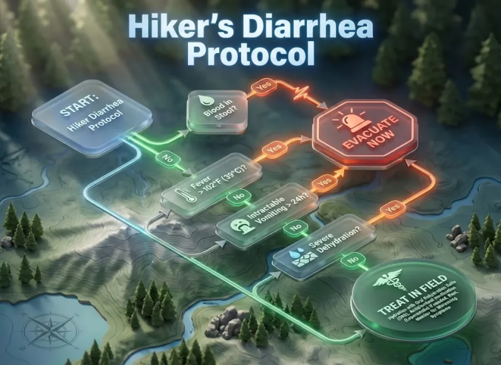 A sophisticated 3D semantic infographic titled 'Hiker’s Diarrhea Protocol' set against a cinematic wilderness backdrop. The decision tree features glowing glass-like nodes with clear medical criteria leading to 'Treat in Field' or 'Evacuate' outcomes, rendered in a premium vector-realism style.