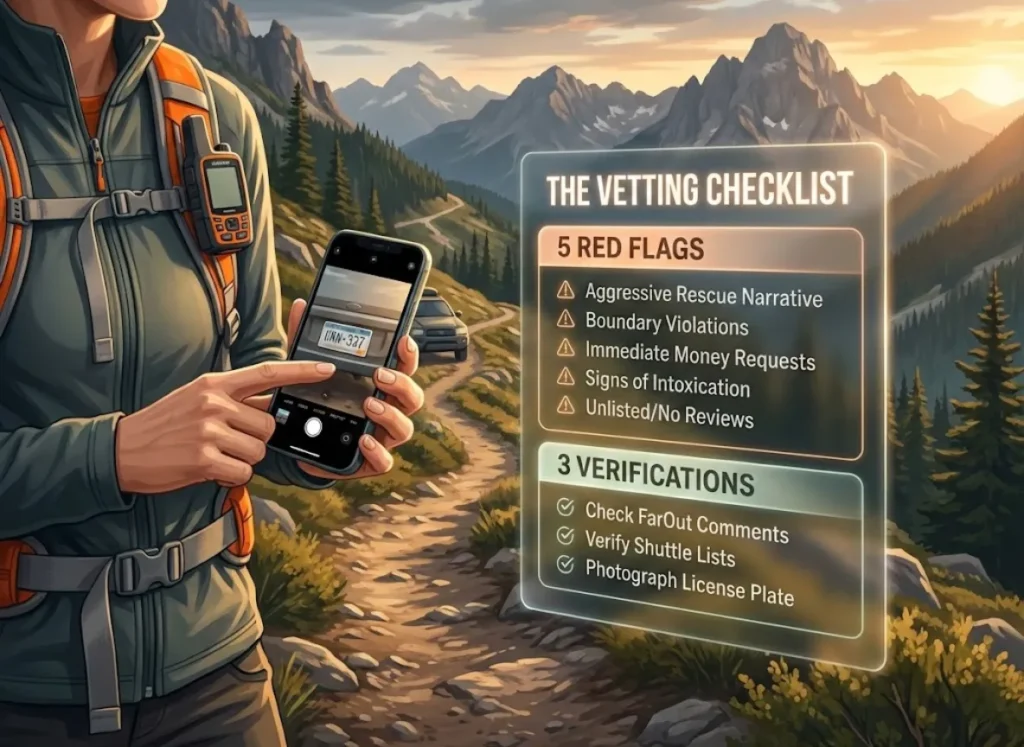 A premium vector-realism fusion illustration depicting a hiker safely vetting a trail angel. The scene includes a floating digital checklist with red flags and verification steps, set against a cinematic mountain trail background at golden hour.