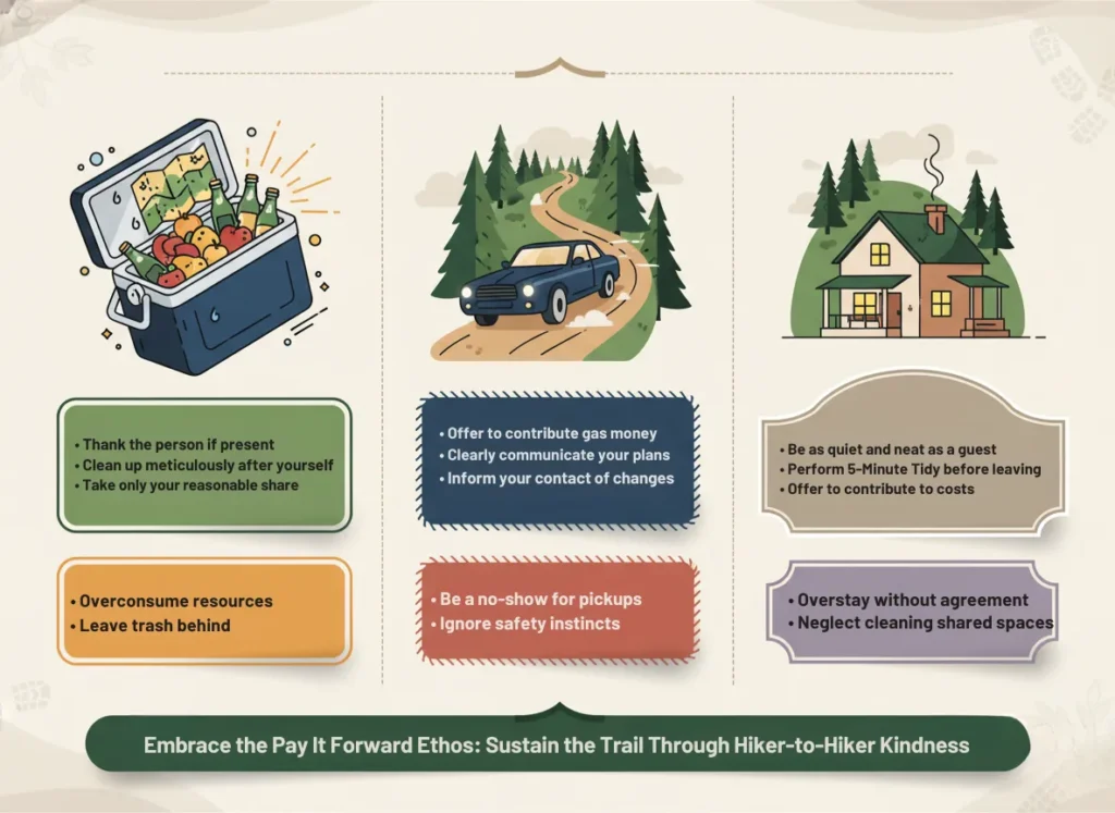 A vibrant infographic outlining the Hiker's Code of Conduct in three columns for trailside feeds, rides, and hosting, featuring icons and key do's and don'ts to promote respectful trail magic.
