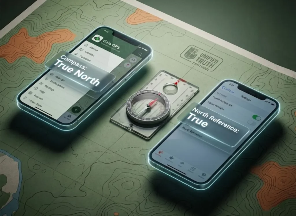 A premium editorial infographic showing a side-by-side configuration guide for Gaia GPS and CalTopo, illustrating how to sync digital settings with a mechanical compass using the 'True North' protocol.