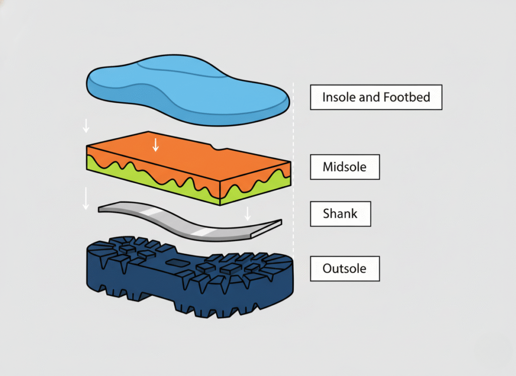 A minimalist exploded-view diagram illustrating the layered structure of a hiking boot sole, showing the insole and footbed, midsole, shank, and outsole as separated components in a vertical stack.