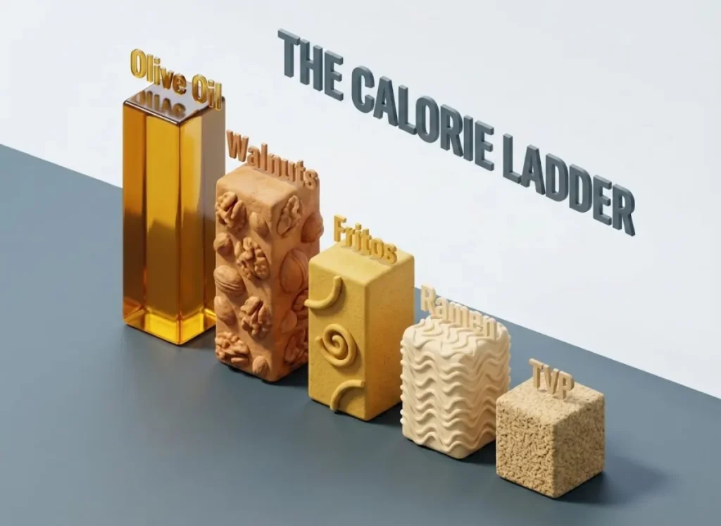 A stunning 3D isometric bar chart titled 'The Calorie Ladder' displaying the caloric density of hiking ingredients. The bars rise in height from TVP to Olive Oil, rendered in a premium editorial style with floating text labels.