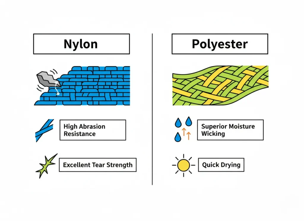 An infographic comparing Nylon and Polyester fabrics for hiking pants. The Nylon side highlights high abrasion and tear resistance, while the Polyester side highlights superior moisture wicking and quick drying.