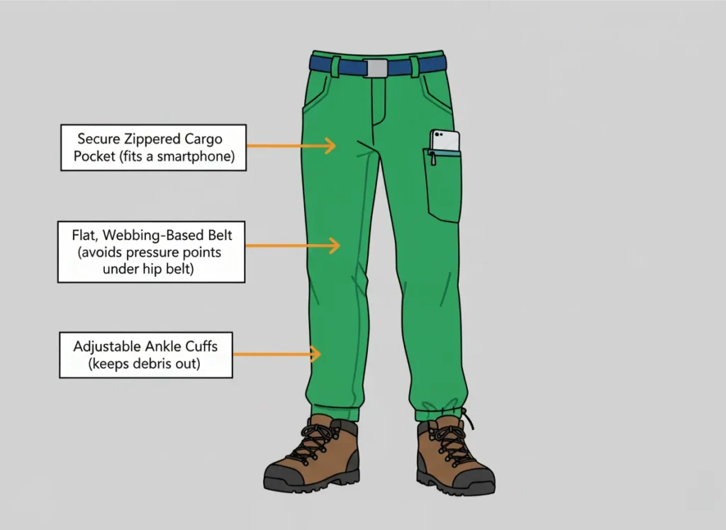 A diagram showing the key features of hiking pants, including a secure zippered cargo pocket, a flat webbing-based belt, and adjustable ankle cuffs to keep out debris.