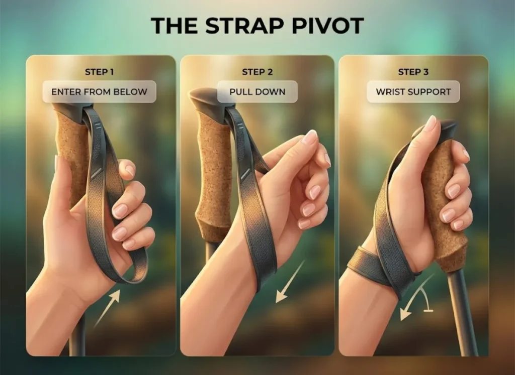 A three-step visual guide titled "The Strap Pivot" illustrating the correct hiking pole grip technique: entering the loop from below, pulling down, and resting the wrist on the strap for skeletal support.