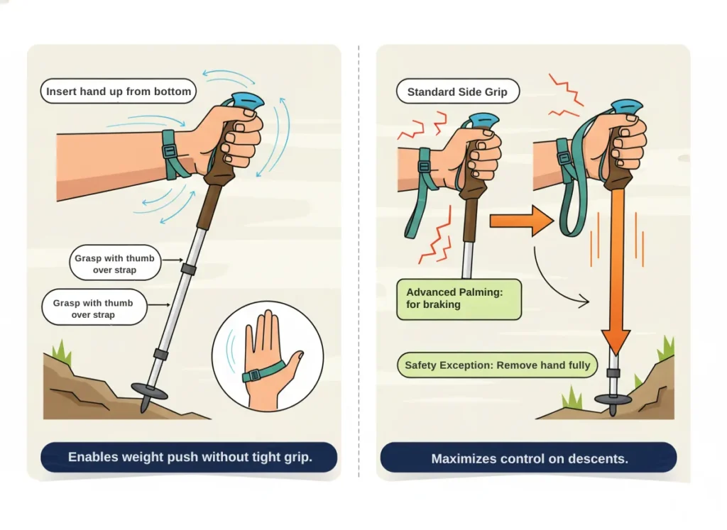 A two-panel infographic diagram illustrating correct wrist strap use and advanced palming grip for hiking poles, featuring step-by-step hand positions with annotations in a vibrant, professional explainer style.