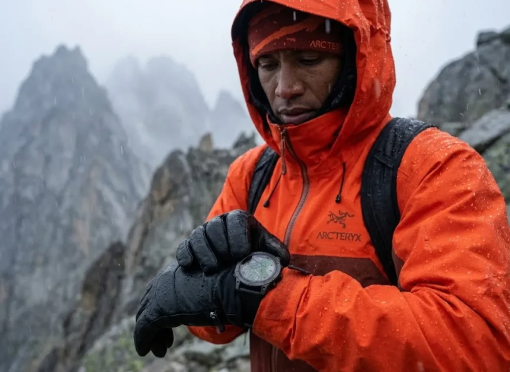 Hiker in Arc'teryx Gore-Tex jacket checking a Garmin Fenix 7 watch in the rain
