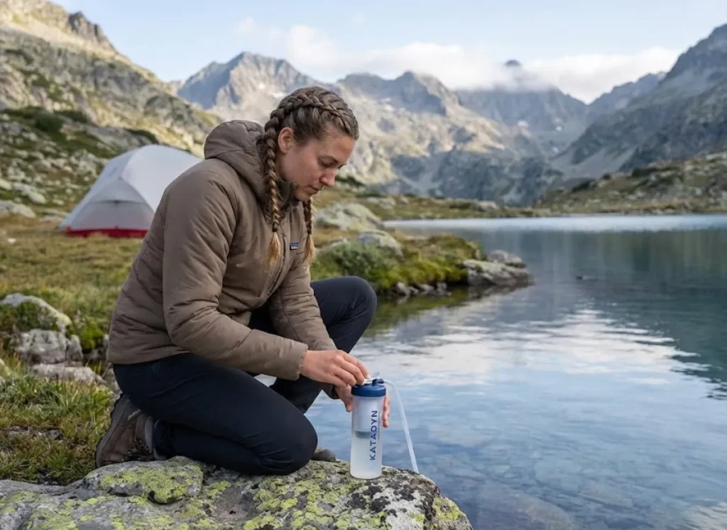 A trekker filtering water next to a high alpine lake with a pitched tent in the background, demonstrating backcountry self-sufficiency.