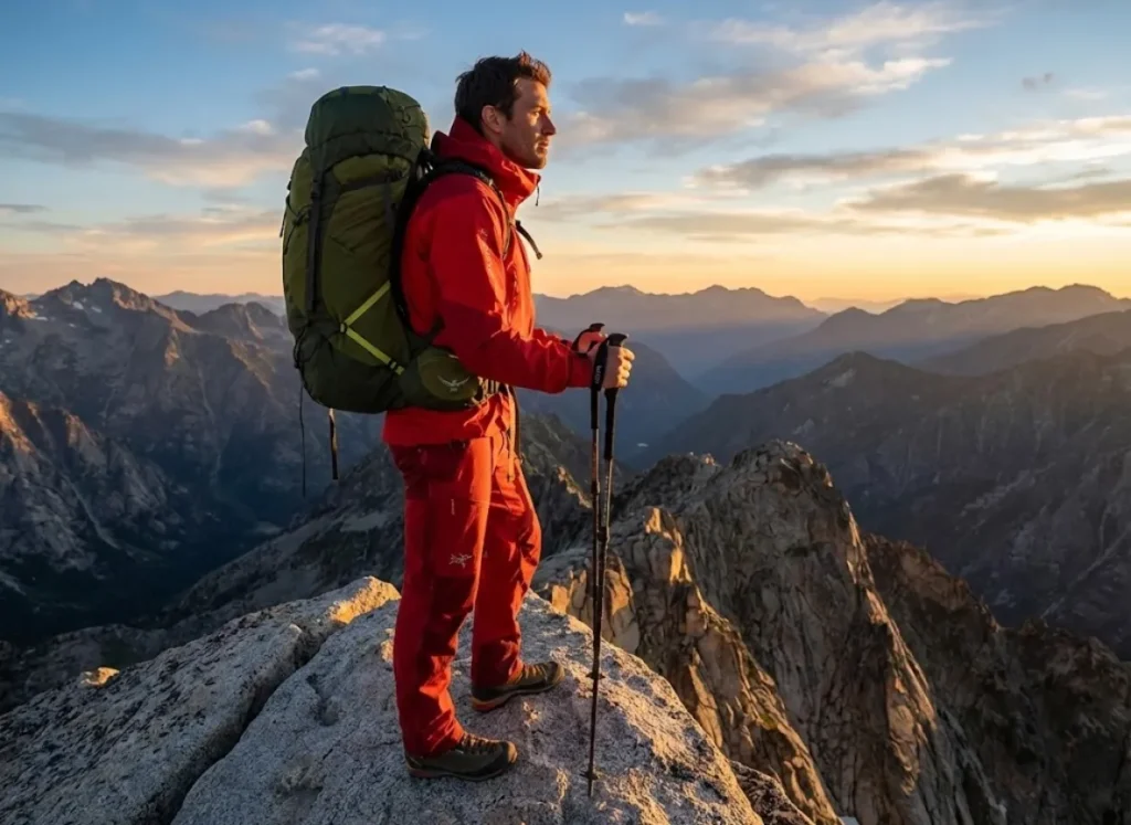 text: A professional trekker standing on a high alpine ridge wearing a red Arc'teryx jacket and Osprey backpack, overlooking a vast mountain range during sunset.