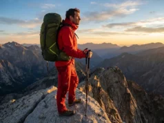 From Day Hikes to Trekking: A Technical Transition Guide text: A professional trekker standing on a high alpine ridge wearing a red Arc'teryx jacket and Osprey backpack, overlooking a vast mountain range during sunset.