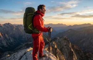 From Day Hikes to Trekking: A Technical Transition Guide text: A professional trekker standing on a high alpine ridge wearing a red Arc'teryx jacket and Osprey backpack, overlooking a vast mountain range during sunset.