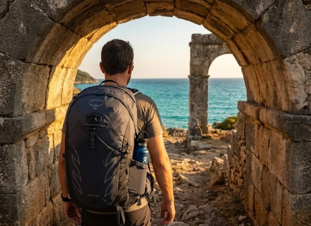 A hiker with an Osprey backpack walking through an ancient stone archway towards a turquoise Mediterranean sea.