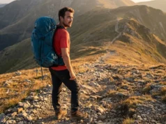 Survival to Stewardship: A Definitive History of Hiking Hiker wearing Osprey backpack and Lowa boots pausing on a rocky ridgeline at sunset