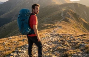 Survival to Stewardship: A Definitive History of Hiking Hiker wearing Osprey backpack and Lowa boots pausing on a rocky ridgeline at sunset