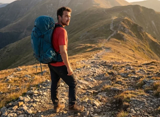 history-of-hiking-timeline Hiker wearing Osprey backpack and Lowa boots pausing on a rocky ridgeline at sunset