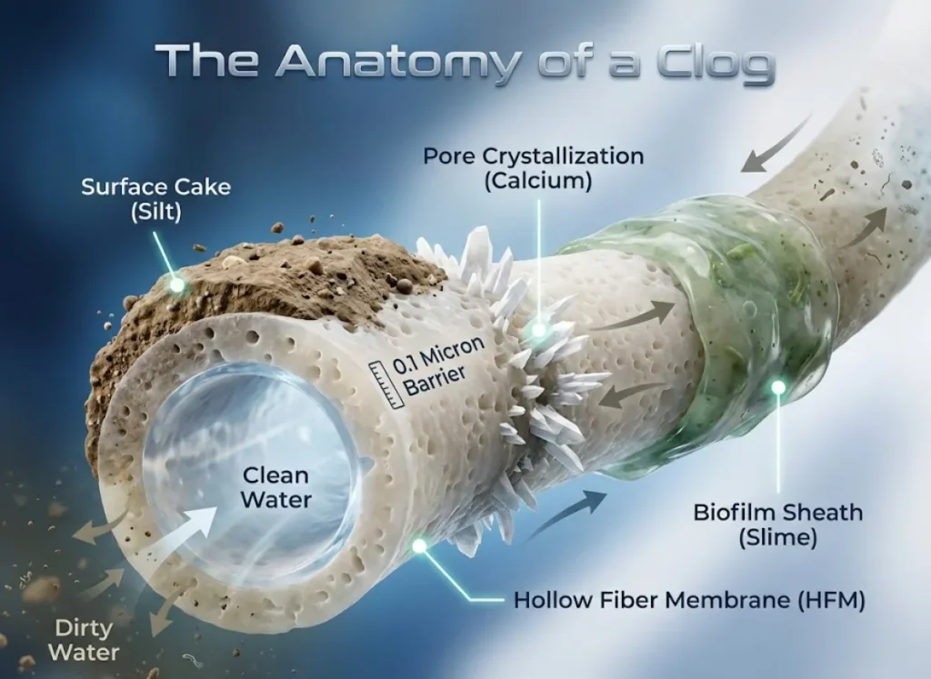 A microscopic 3D cross-section of a hollow fiber membrane filter strand. The diagram illustrates three types of blockages: a sediment layer labeled Surface Cake, white deposits labeled Pore Crystallization, and a translucent layer labeled Biofilm Sheath. The background is a clean, scientific gradient.