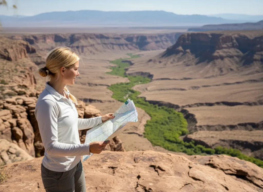 A female hiker stands on a ridge, using a topographic map to identify a line of green vegetation in the valley below.