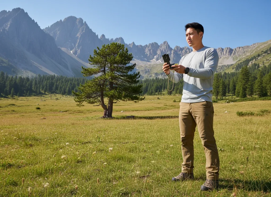 A focused male hiker checks his compass bearing in an open field to avoid common navigational mistakes.