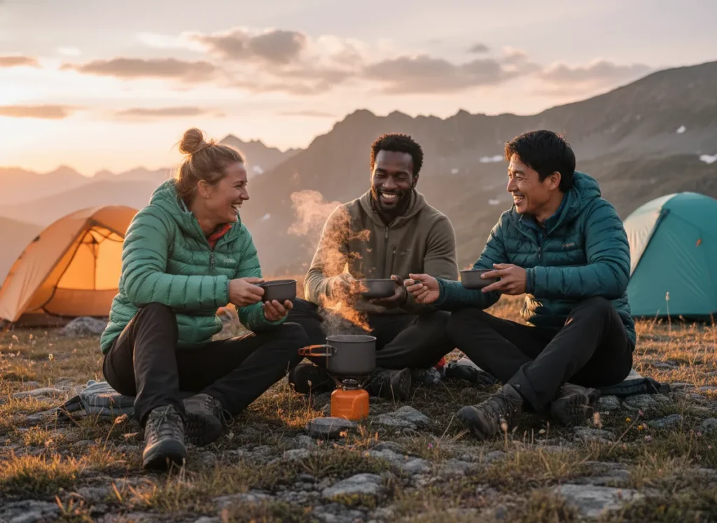 A diverse group of three hikers enjoying a meal and laughing together at their campsite, embodying the spirit of a trail family.