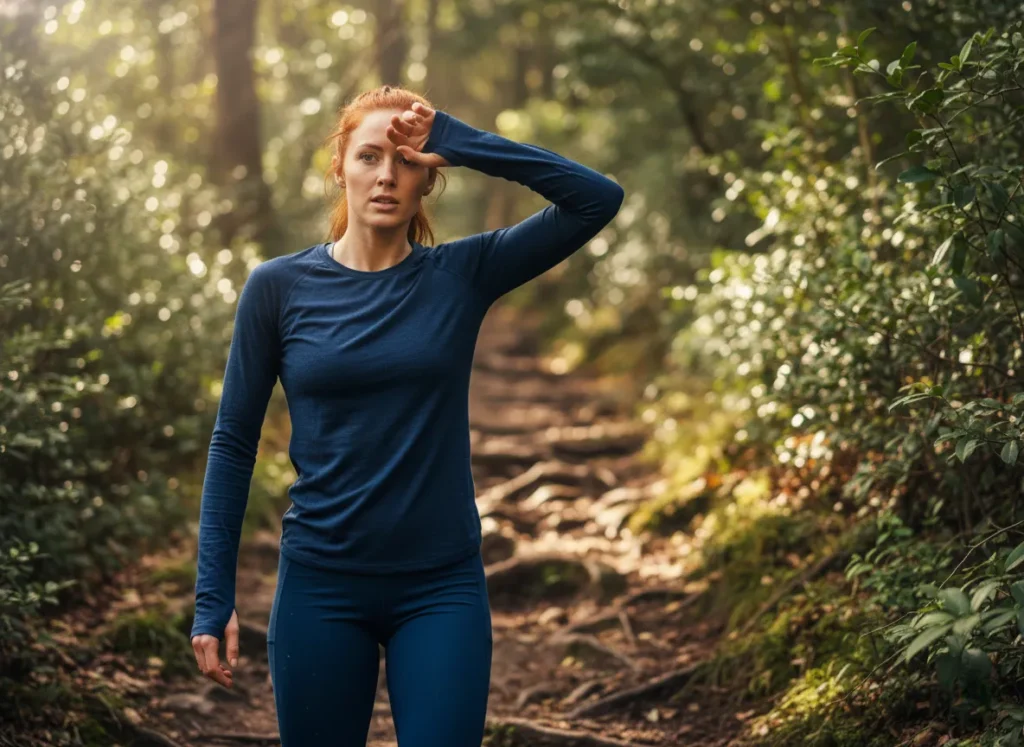 A female hiker wearing a sweat-dampened UPF shirt pauses during a strenuous climb in a humid forest.