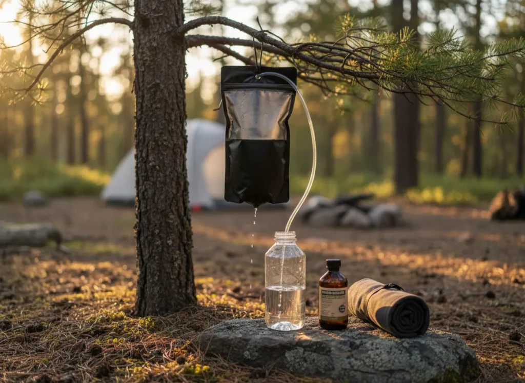 A gravity water filter hangs from a tree at a campsite, actively filling a water bottle, with camp soap and a towel nearby representing backcountry hygiene.