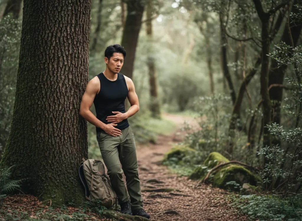 A male hiker pauses on a forest trail, looking thoughtful and concerned as he holds a hand to his stomach in a moment of self-assessment.