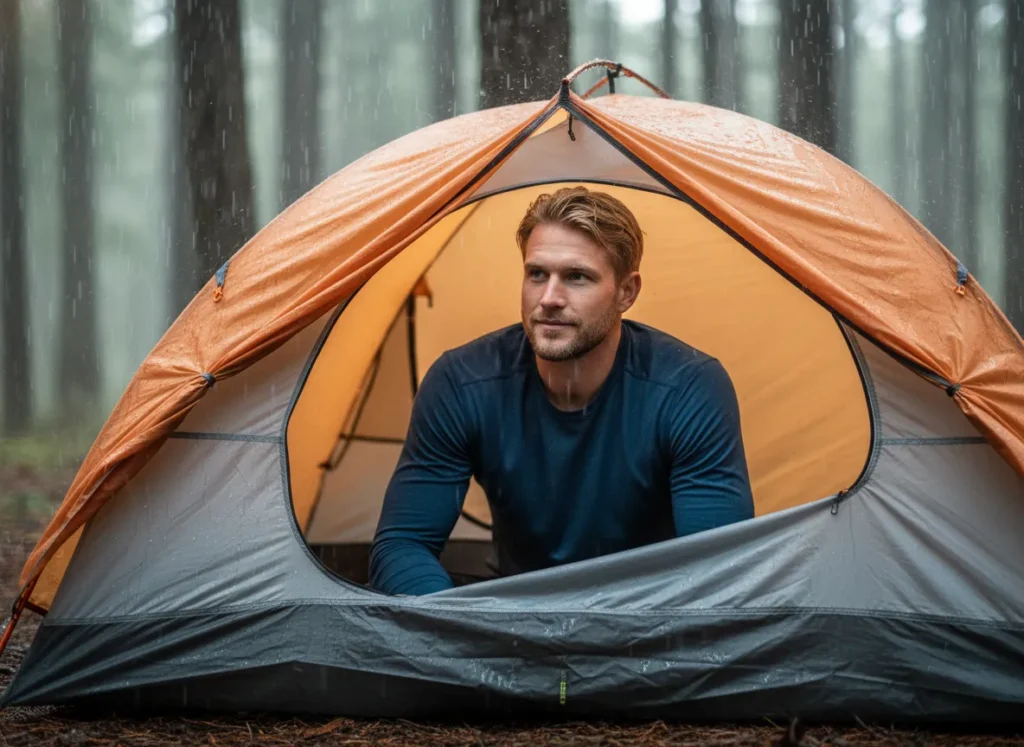 A confident male hiker sits comfortably inside his tent, watching the rain pour down, demonstrating the shelter's storm-worthiness.