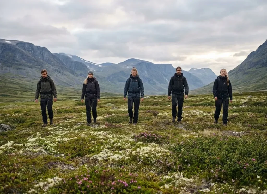 Hikers in Fjällräven trousers fanned out across a delicate alpine meadow to protect vegetation.