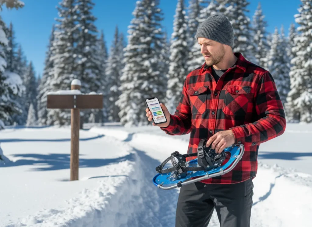 A male hiker at a trailhead checks a snowshoe sizing chart on his phone to calculate the correct size for his gear.