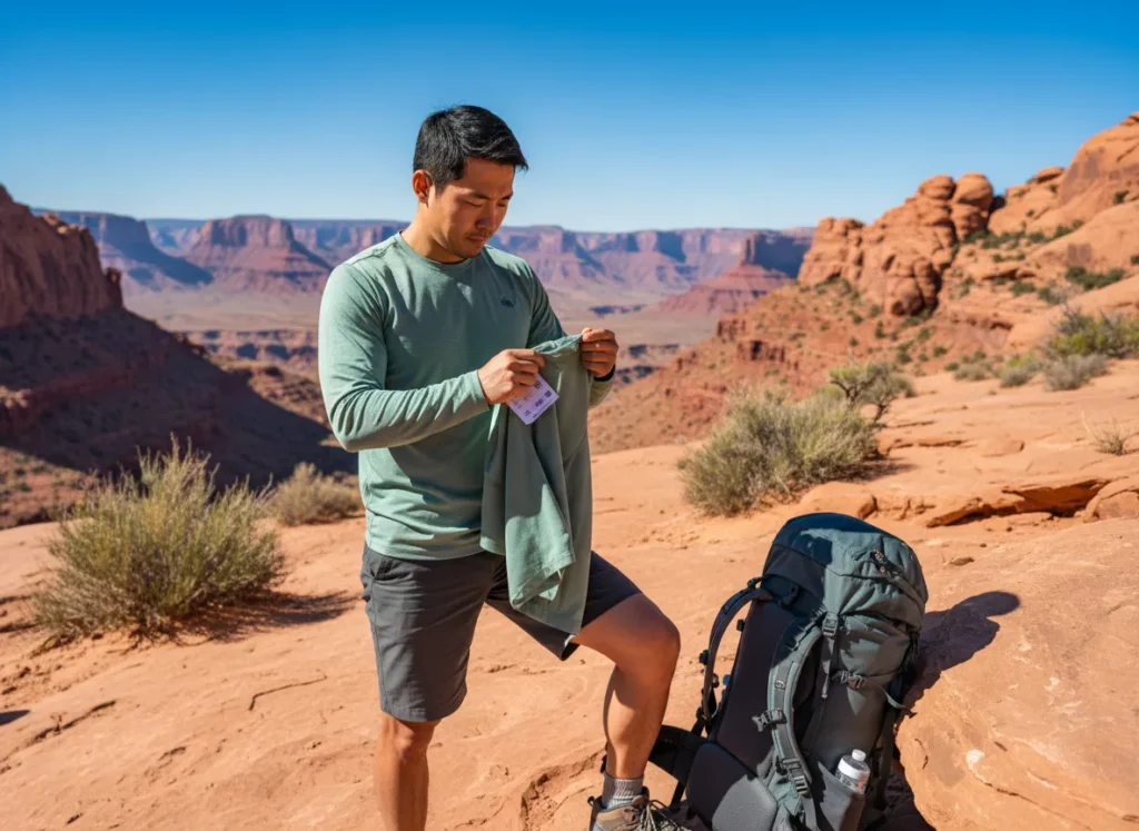 A male hiker inspects the fabric of his UPF shirt while taking a break on a sunny desert trail.