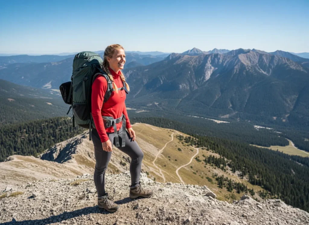 A confident blonde female backpacker at a mountain summit looking out over a diverse landscape of trails and peaks, symbolizing choosing the right gear for an adventure.