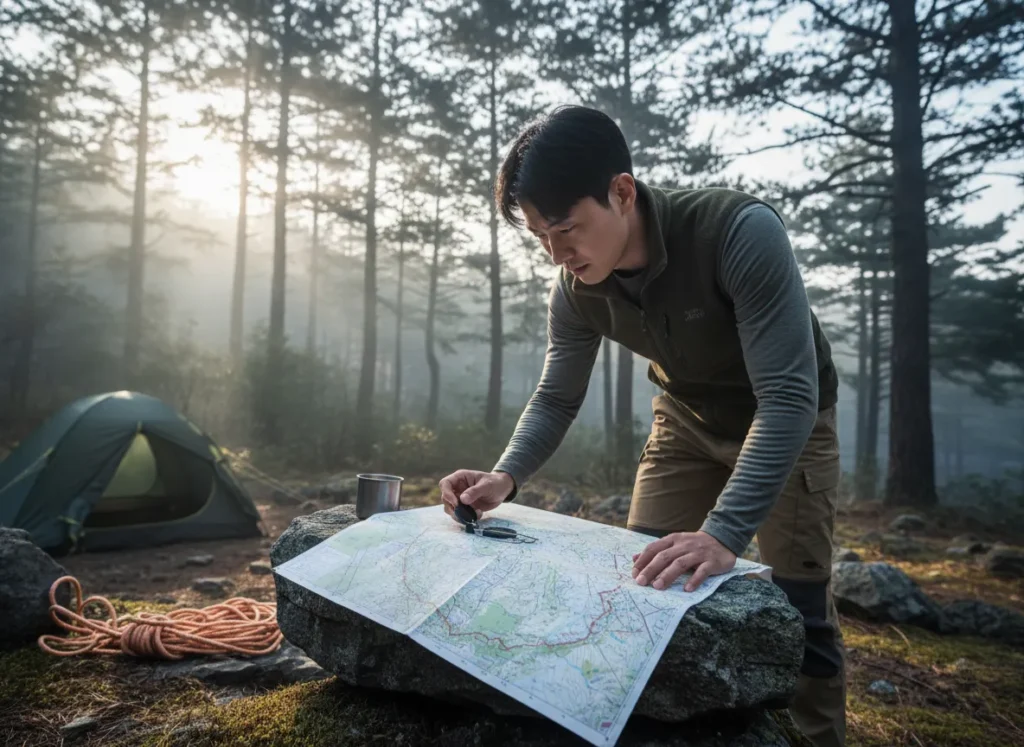 A focused male hiker at his campsite planning his route for the day using a topographic map and compass.