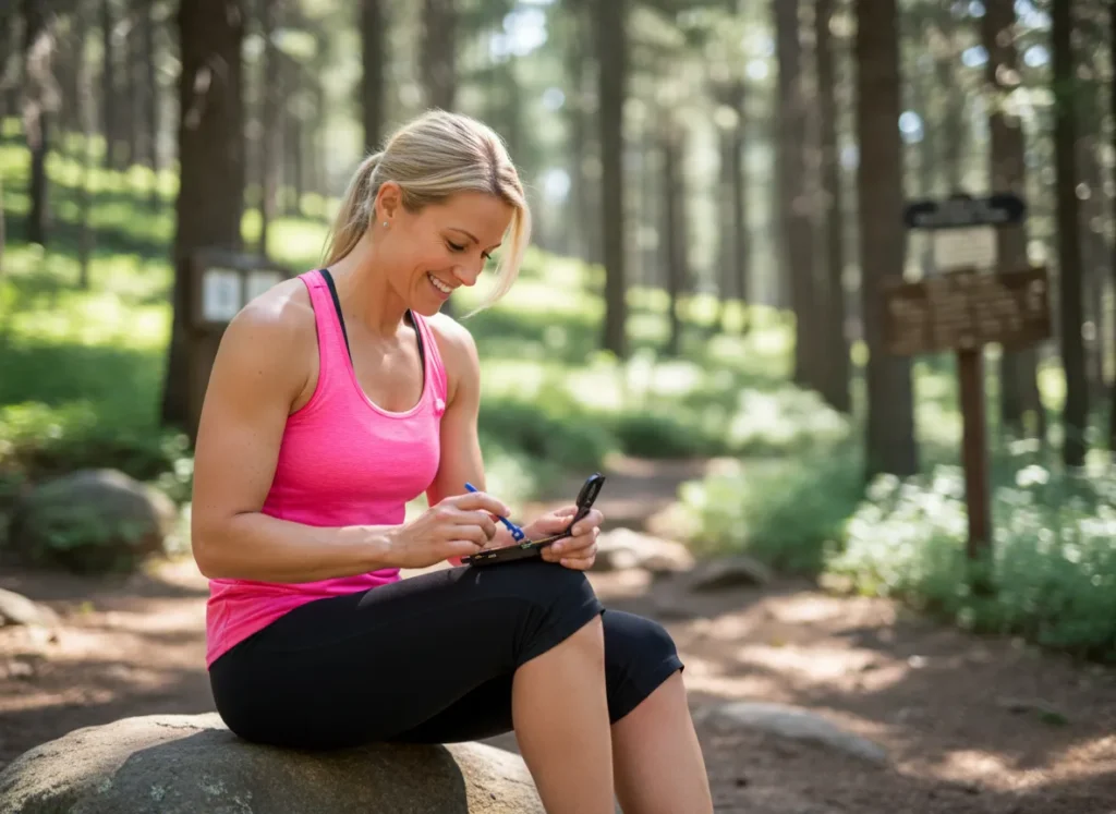 A female hiker adjusts the declination setting on her compass while taking a break on a trail.