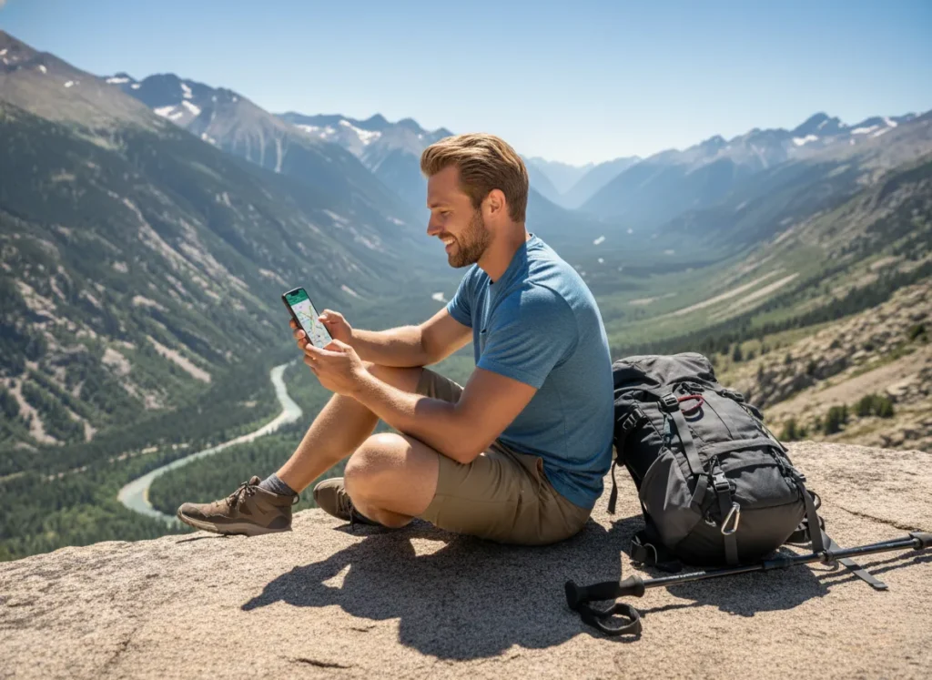 A male hiker sits on a rock with a mountain view, using his smartphone to find hiking partners.