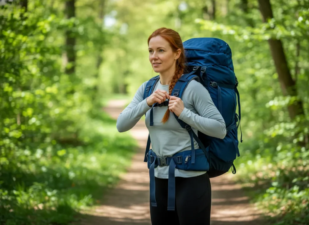 A woman in hiking gear stands at a trailhead, adjusting the load lifter strap on her backpack.