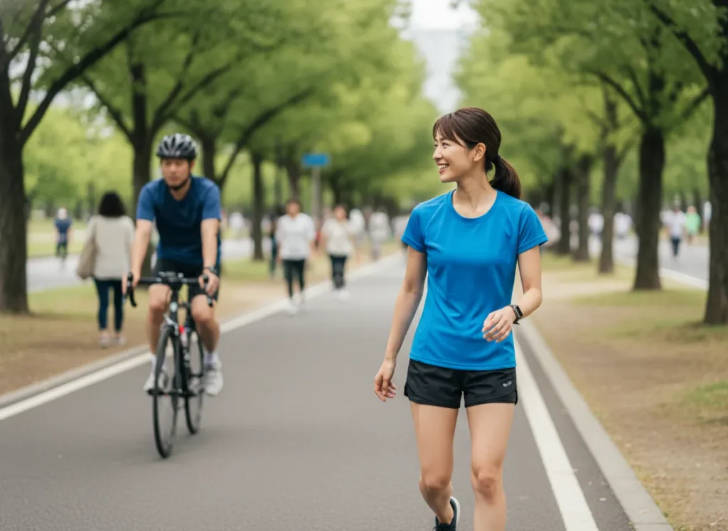 A female hiker demonstrates responsible trail etiquette by yielding to a cyclist on a shared multi-use urban path.