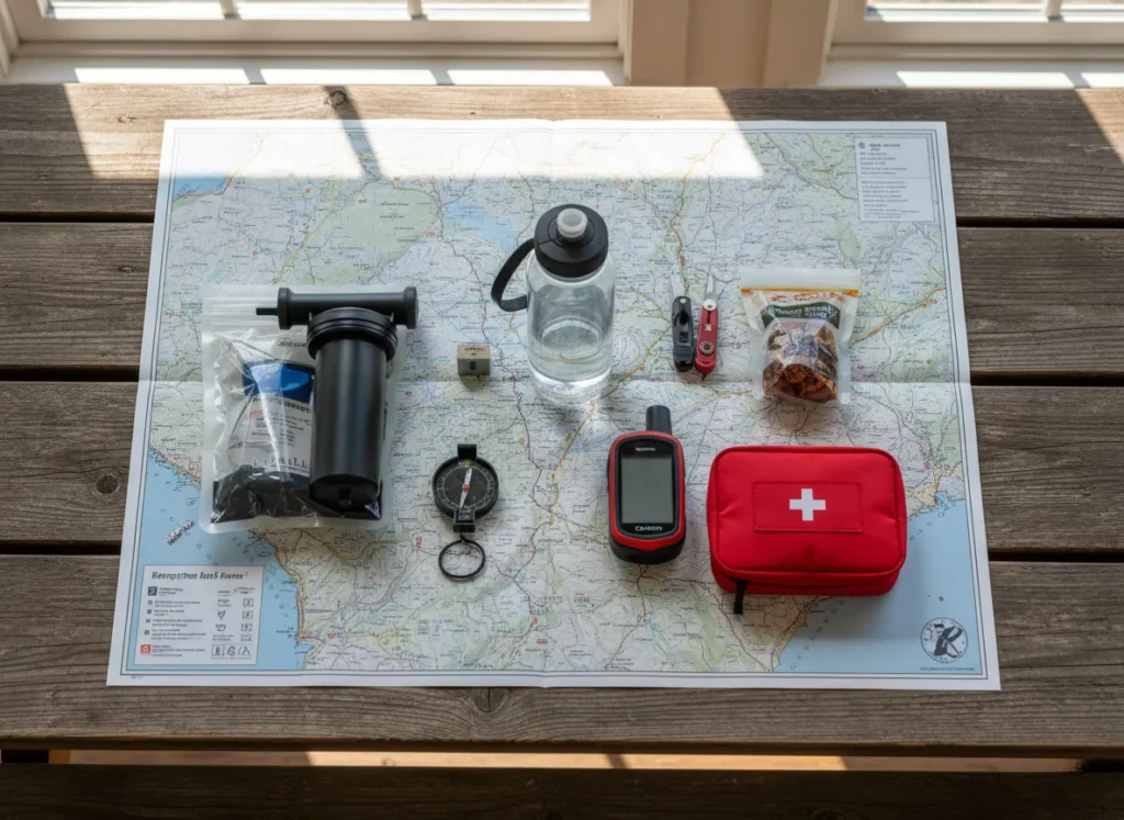 Essential self-sufficiency hiking gear, including a water filter, map, and first-aid kit, laid out for planning a hike.
