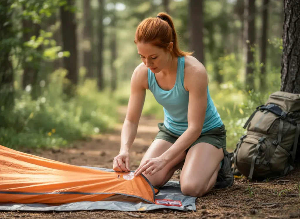 A female hiker carefully performs a field repair on her tent fabric while taking a break on a sunny forest trail.