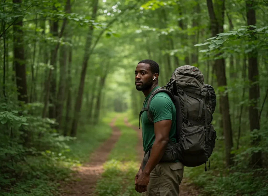 A male thru-hiker endures the monotonous 'green tunnel' section of a long trail, listening to an audiobook as he walks.