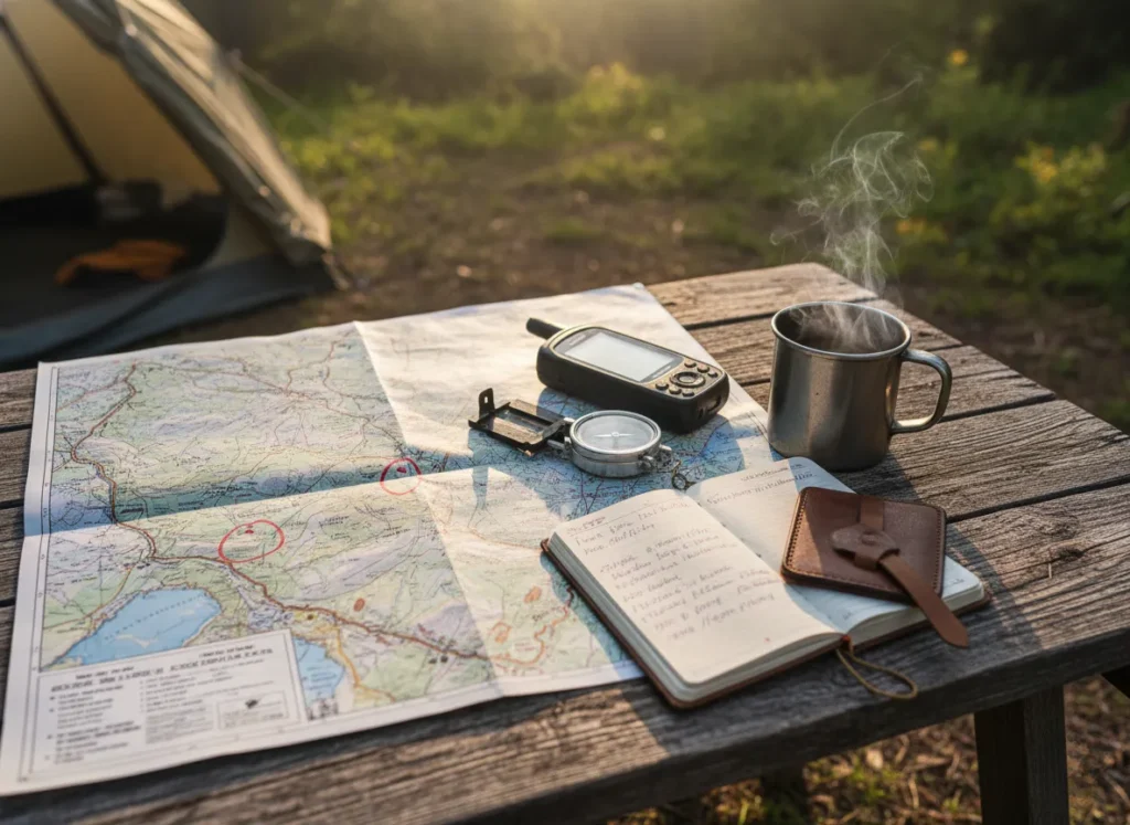 A detailed topographical map, compass, GPS, and notebook laid out on a table, representing the process of planning a flip-flop thru-hike.