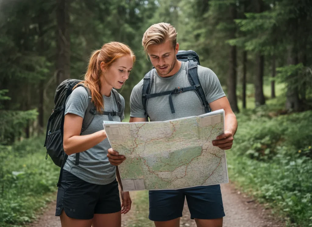 A hiking couple works together to plan their route by looking at a physical map on the trail.